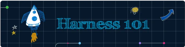 Illustration of a white and blue rocket launching on a dark grid background with the text 'Harness 101' in blue blueprint-style font alongside a light bulb and an upward arrow.